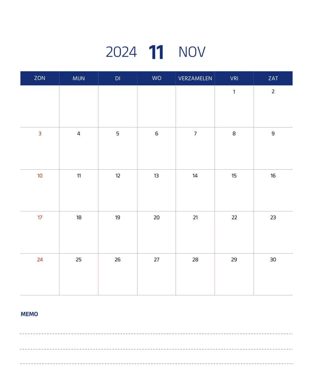 Eenvoudige kalender met strakke illustraties in blauw