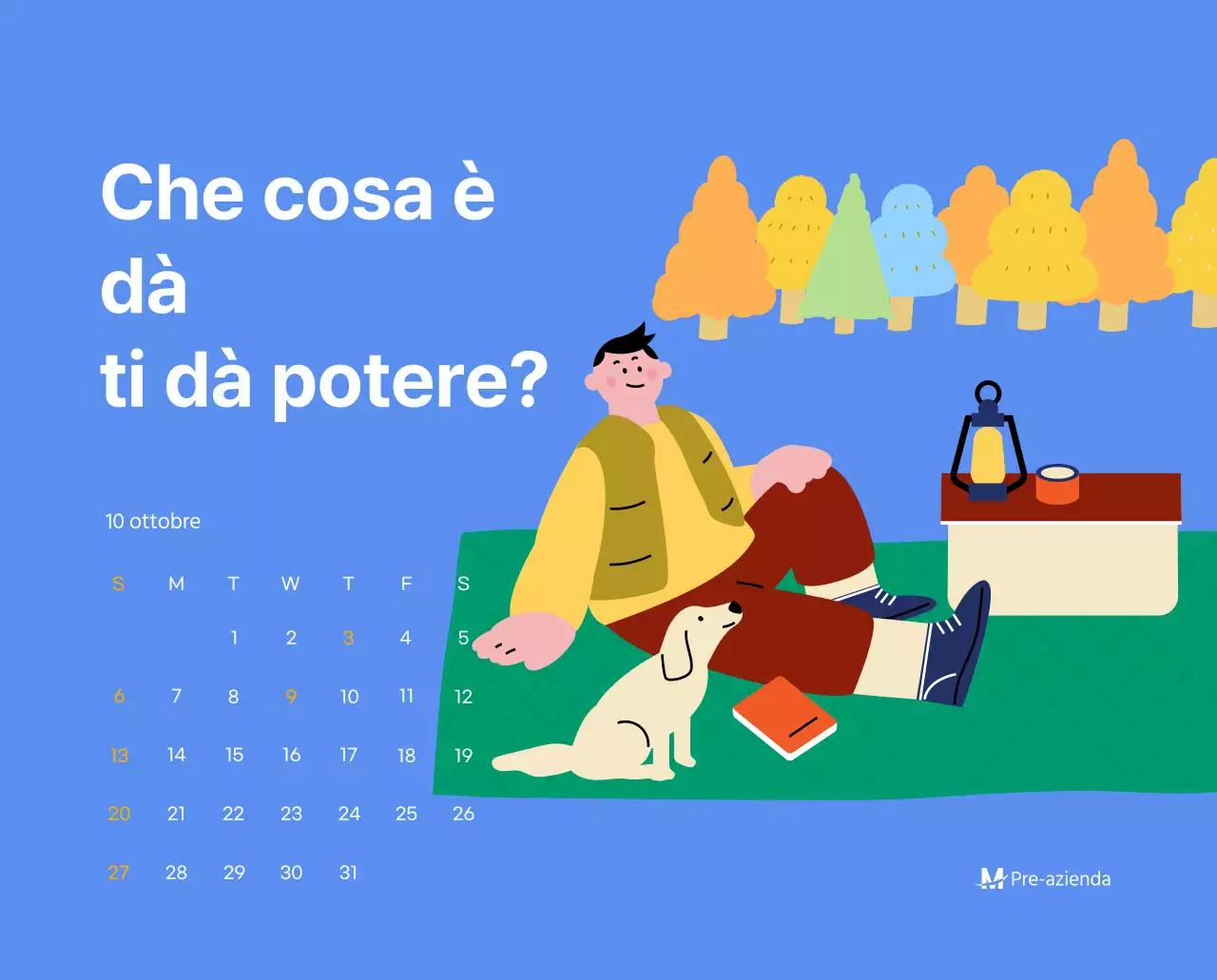 Calendario motivazionale con illustrazioni energetiche e citazioni positive su sfondo azzurro