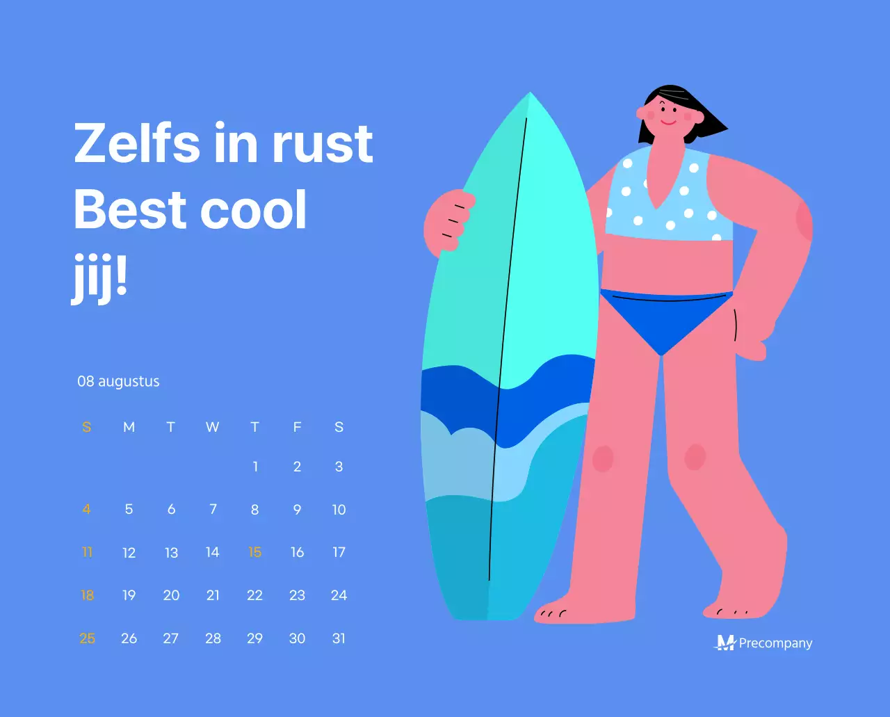 Motiverende kalender met energieke illustraties en positieve citaten op een lichtblauwe achtergrond