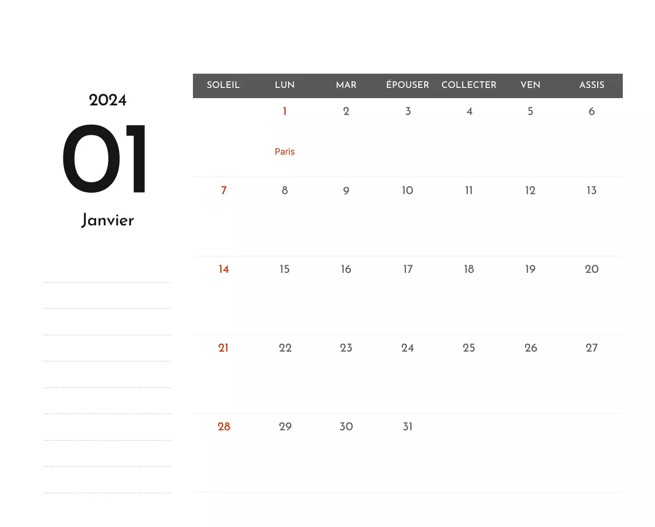 Un calendrier d'entreprise simple en gris