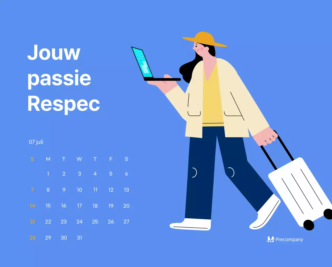 Motiverende kalender met energieke illustraties en positieve citaten op een lichtblauwe achtergrond