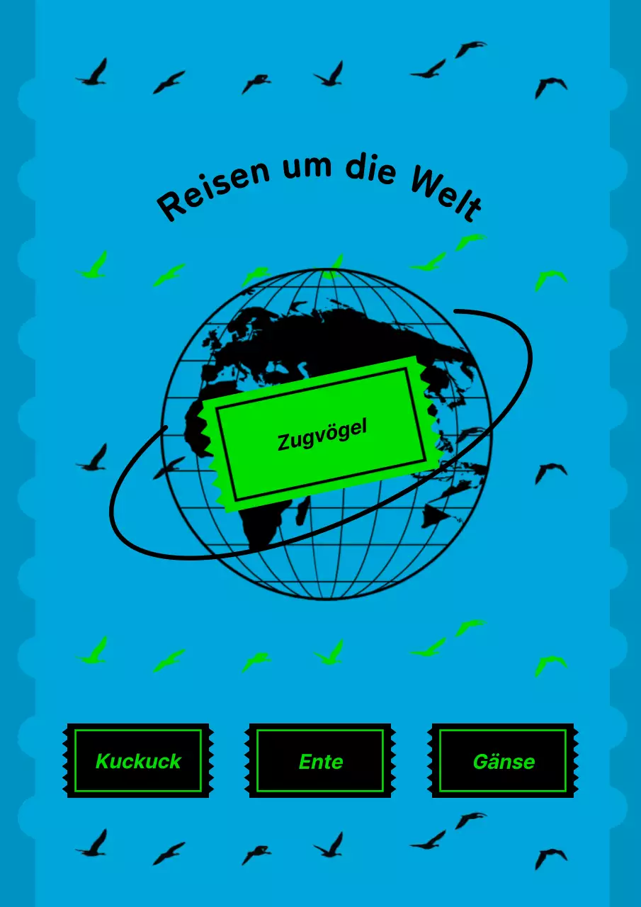 Ein blauer, minimalistischer Reiseumschlag mit Zugvögeln