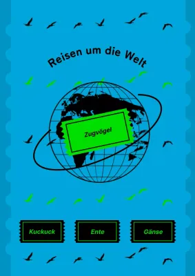Ein blauer, minimalistischer Reiseumschlag mit Zugvögeln