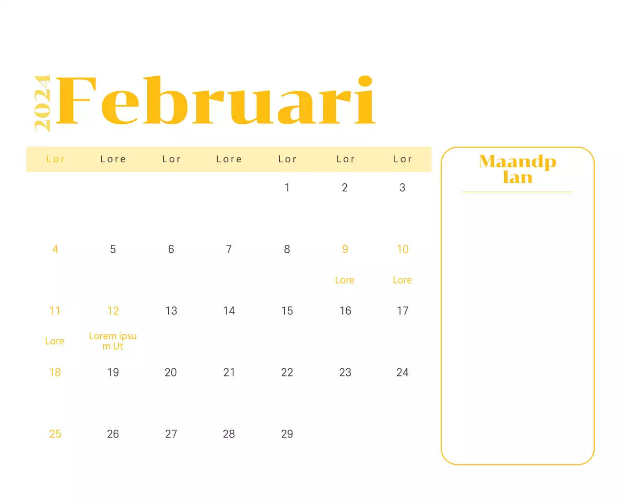 Kalender met jeugdillustraties op een gele en groene achtergrond