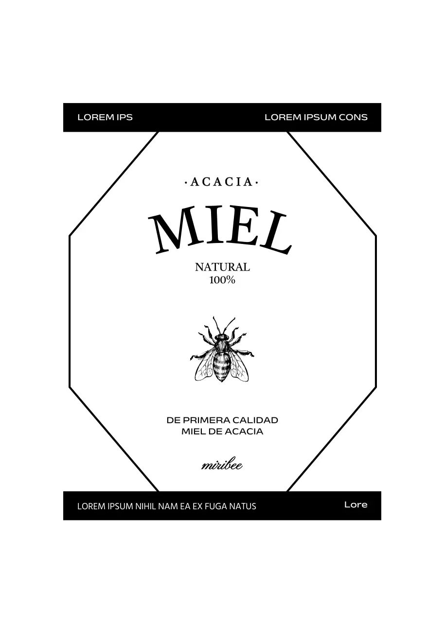 Sencilla etiqueta vintage de miel con ilustración de abeja en blanco y negro