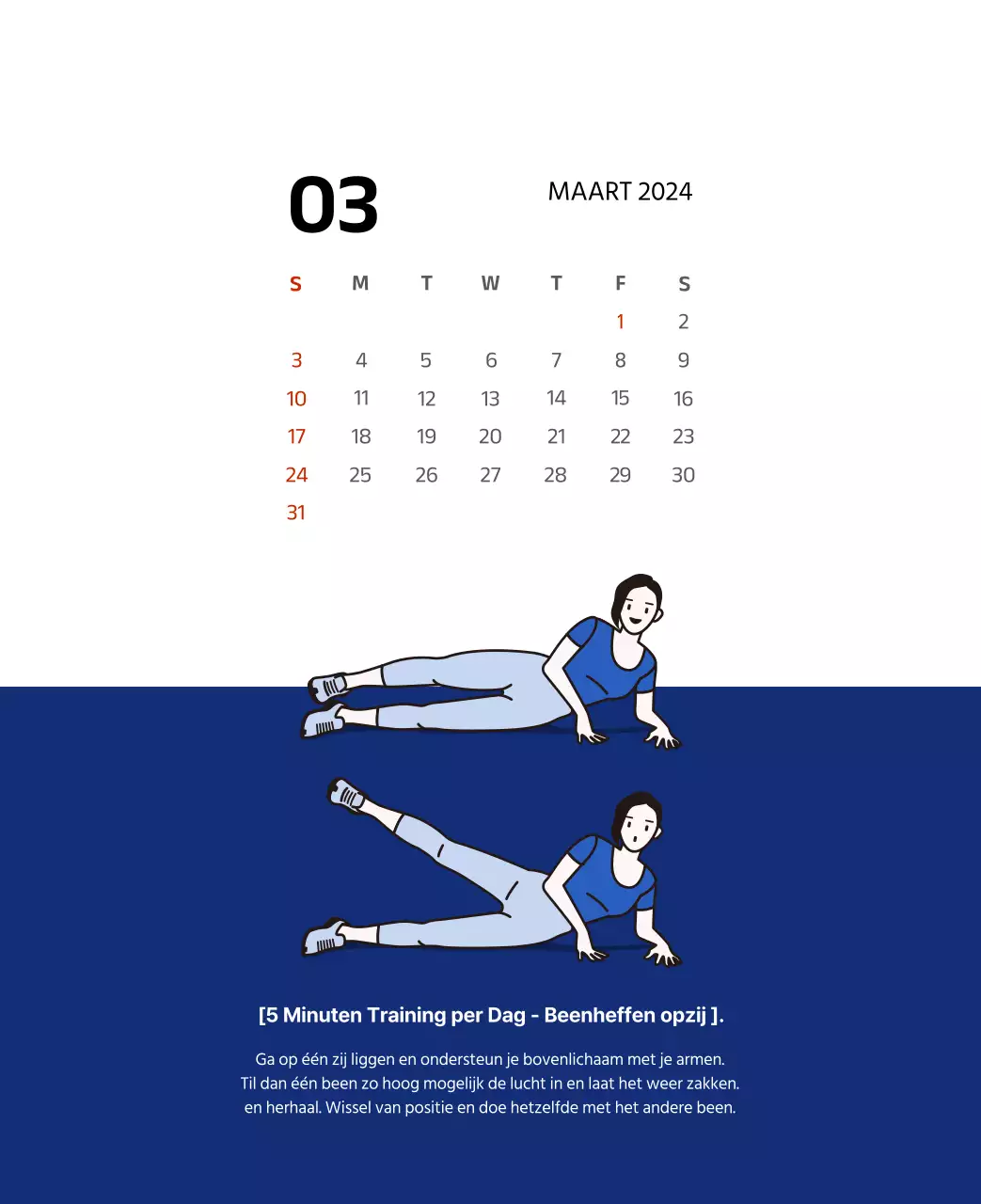 Eenvoudige kalender met strakke illustraties in blauw