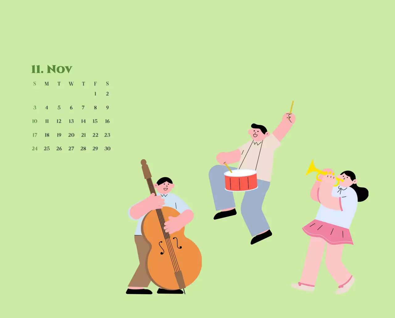 Kalender mit Jugendillustrationen auf gelbem und grünem Hintergrund