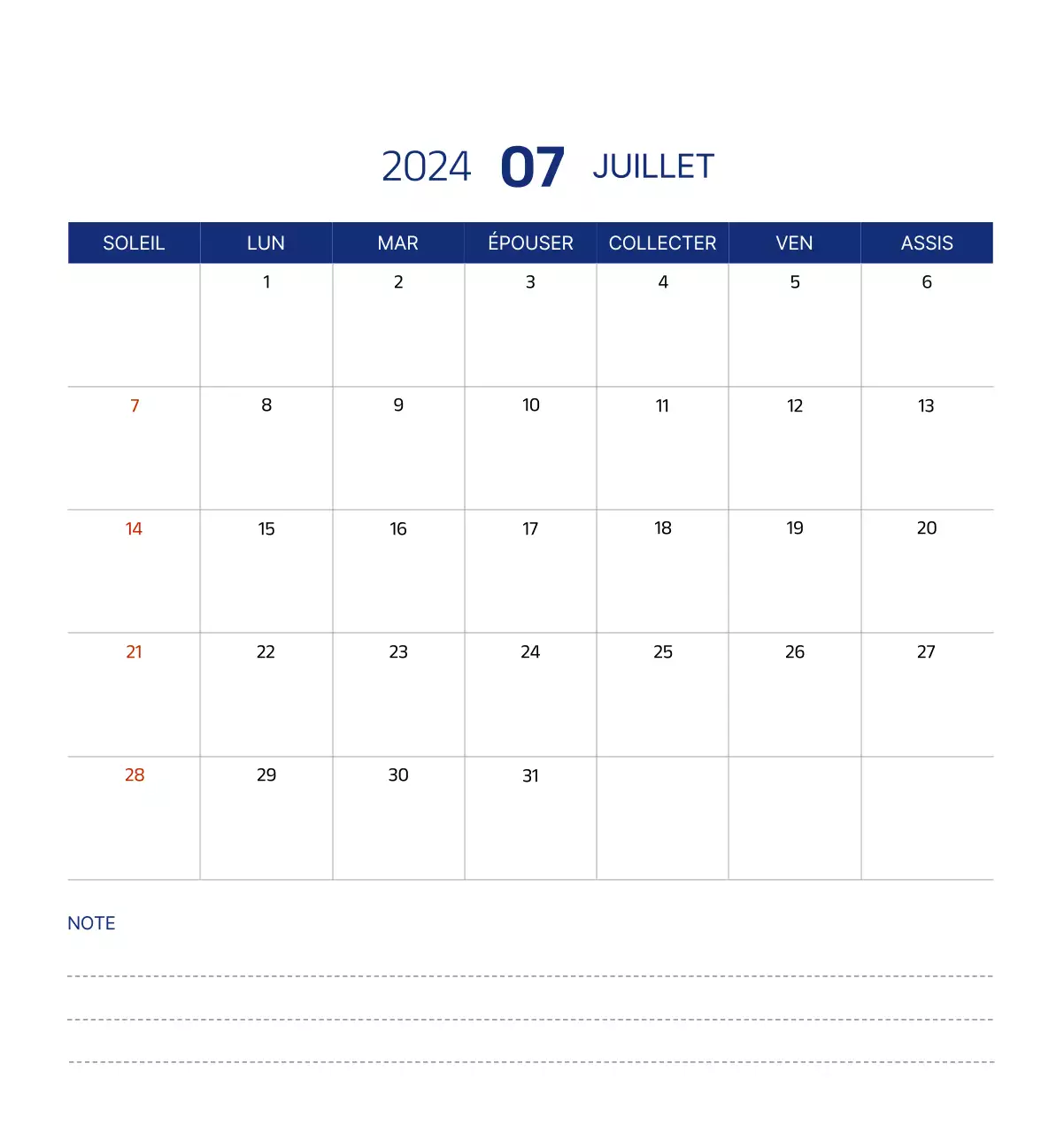 Calendrier simple avec des illustrations épurées en bleu