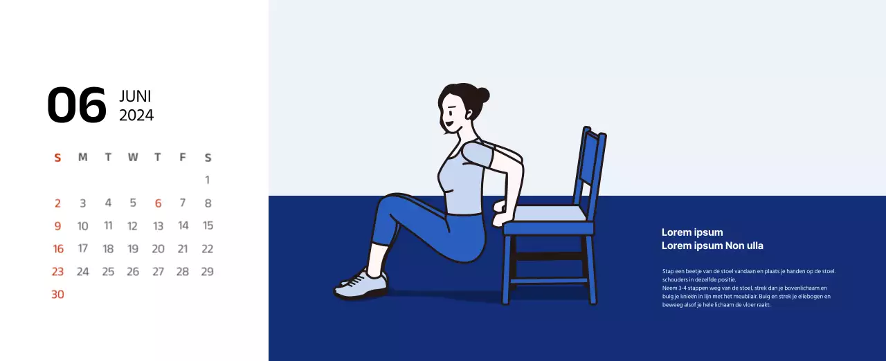 Eenvoudige kalender met strakke illustraties in blauw