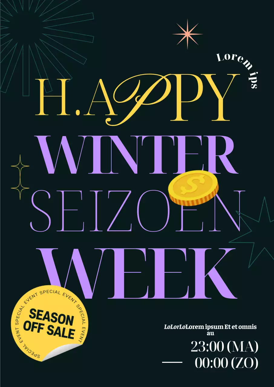 Strakke winterse weekaanbiedingen met een strakke lay-out en opvallende, trendy Engelse lettertypen en geometrische afbeeldingen.