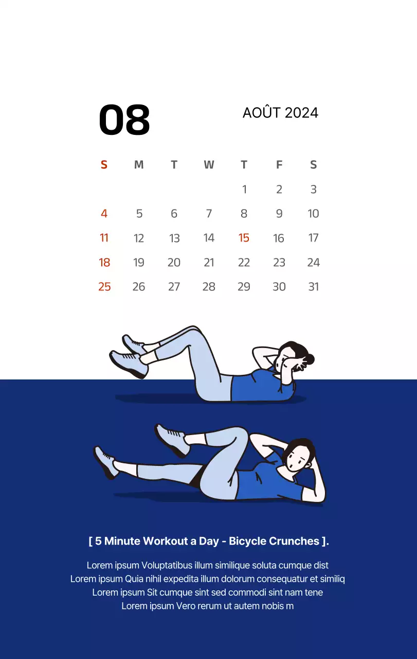 Calendrier simple avec des illustrations épurées en bleu
