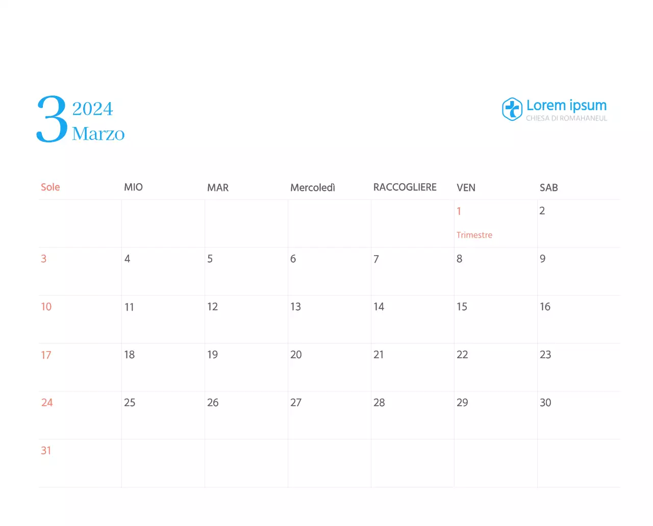 Calendario ecclesiastico blu di concezione moderna