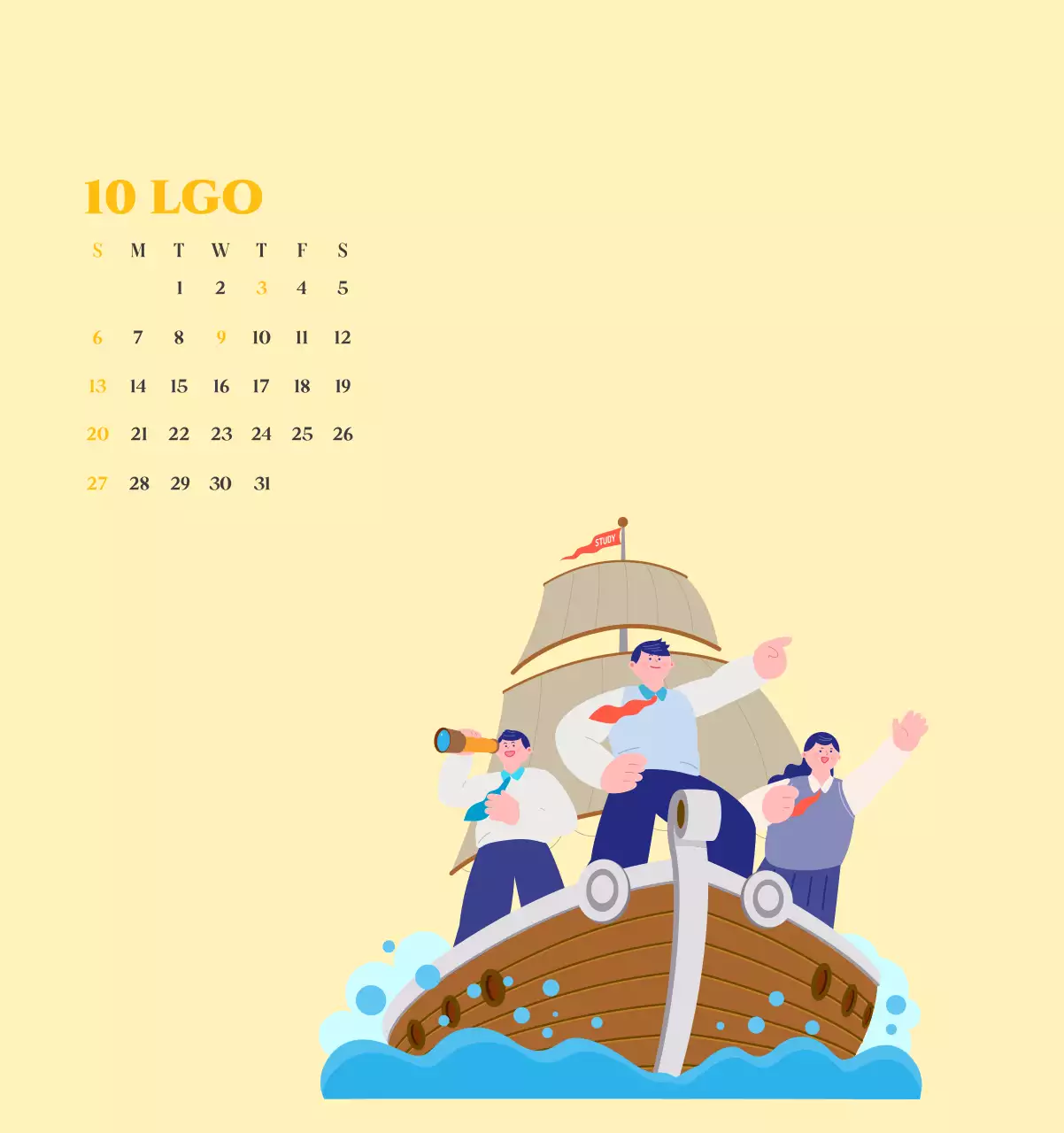 Kalender met jeugdillustraties op een gele en groene achtergrond