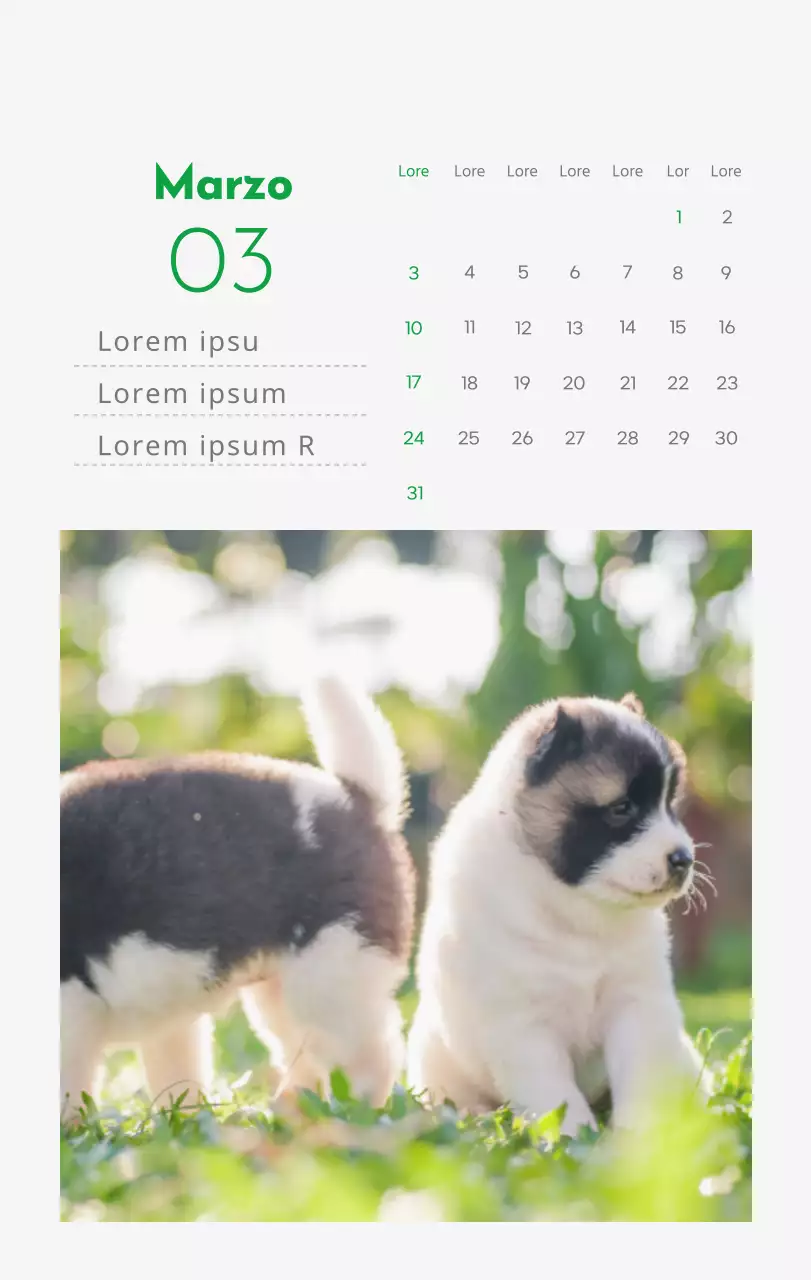 Un calendario con l'immagine di un cucciolo e un simpatico messaggio in verde.