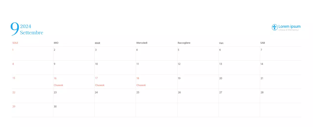 Calendario ecclesiastico blu di concezione moderna