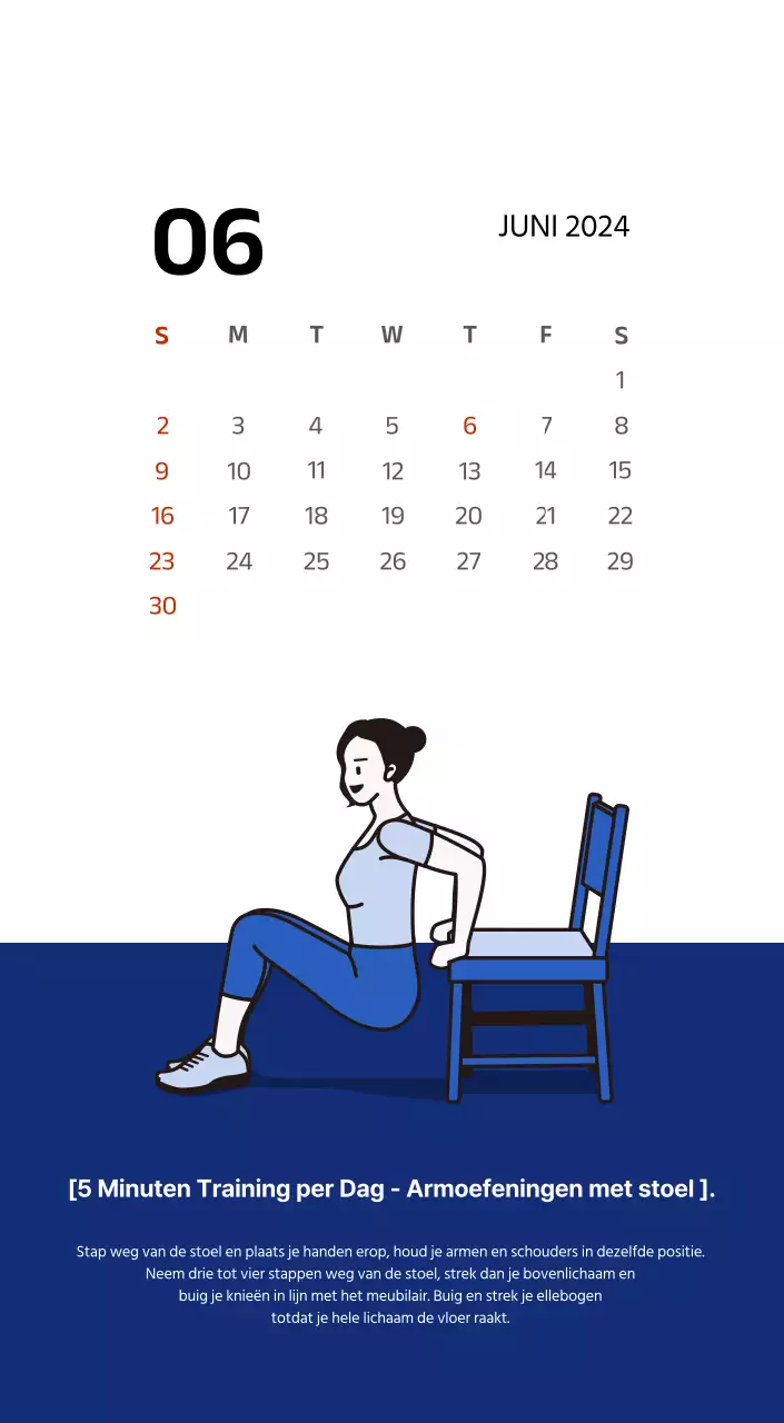 Eenvoudige kalender met strakke illustraties in blauw