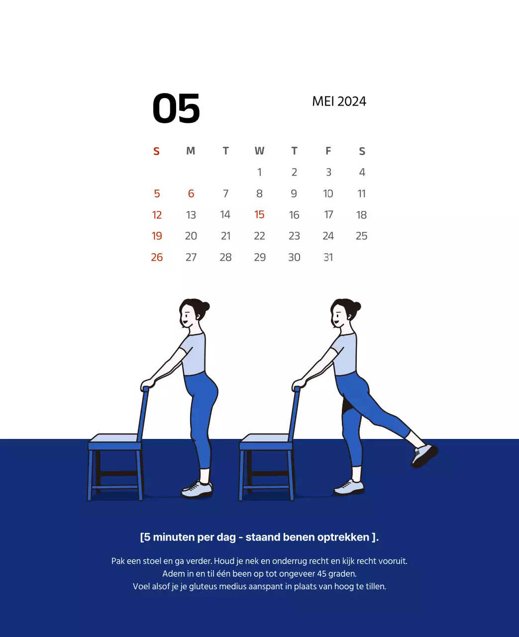 Eenvoudige kalender met strakke illustraties in blauw