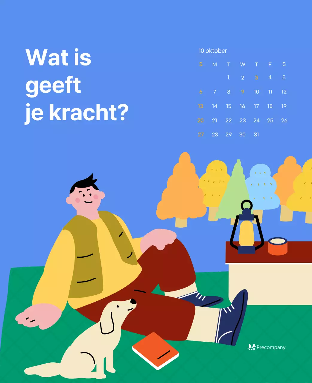 Motiverende kalender met energieke illustraties en positieve citaten op een lichtblauwe achtergrond