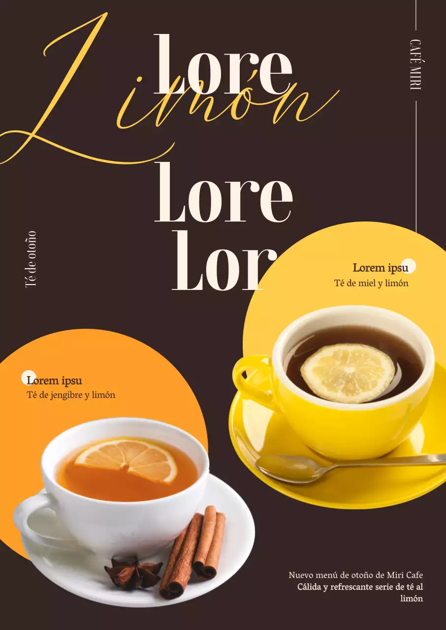 El menú de Café Lemon Tea presenta un diseño geométrico limpio con colores otoñales y una sentimental fuente cursiva inglesa.