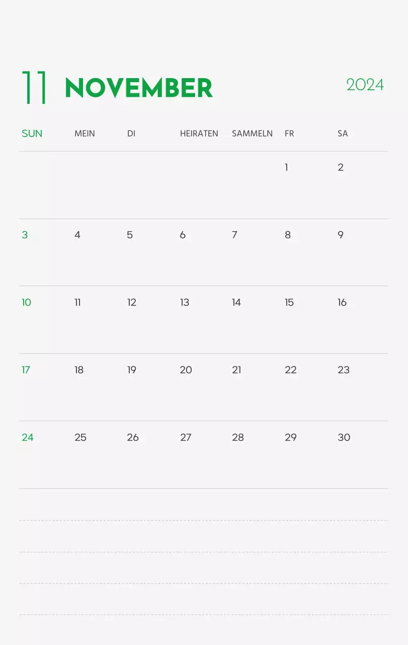 Ein Kalender mit einem Bild eines Welpen und einer niedlichen Botschaft in grünen Akzenten