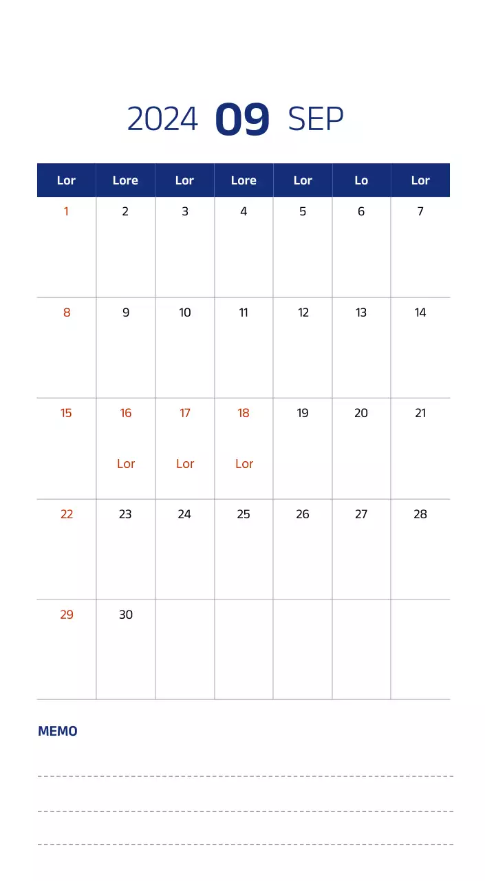 Einfacher Kalender mit klaren Illustrationen in Blau