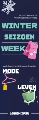 Een strakke lettertypische lay-out en 3D-winkelgerelateerde pictogrammen en afbeeldingen van sneeuwvlokken accentueren het winterse evenement van de seizoensweek