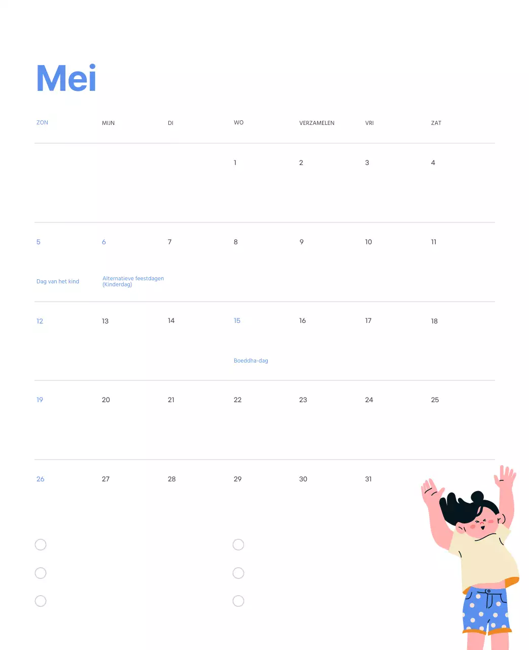 Motiverende kalender met energieke illustraties en positieve citaten op een lichtblauwe achtergrond