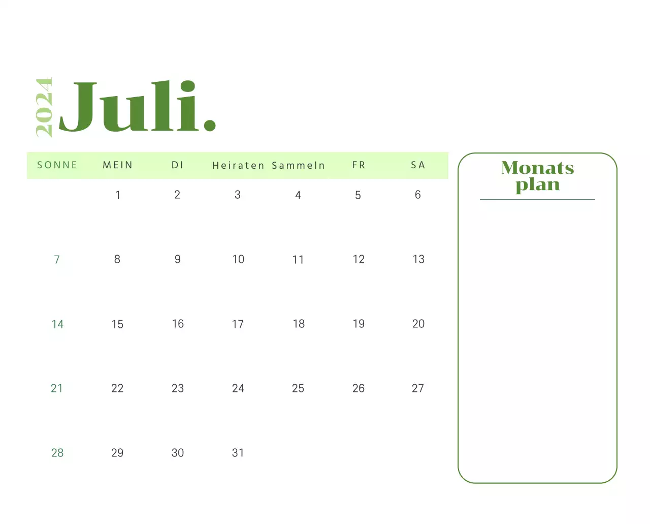 Kalender mit Jugendillustrationen auf gelbem und grünem Hintergrund