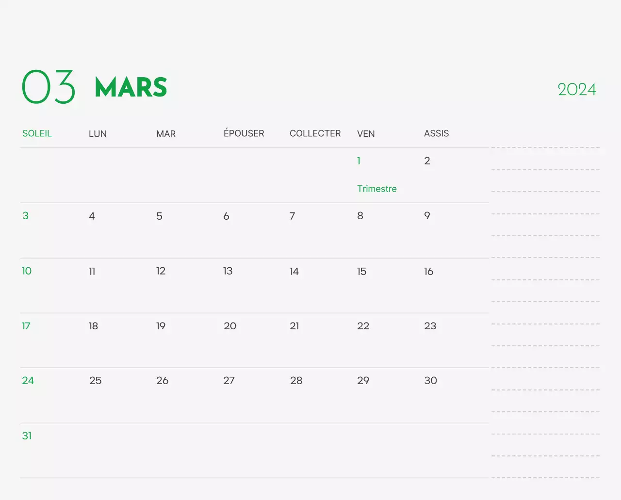 Un calendrier avec la photo d'un chiot et un message mignon aux accents verts.