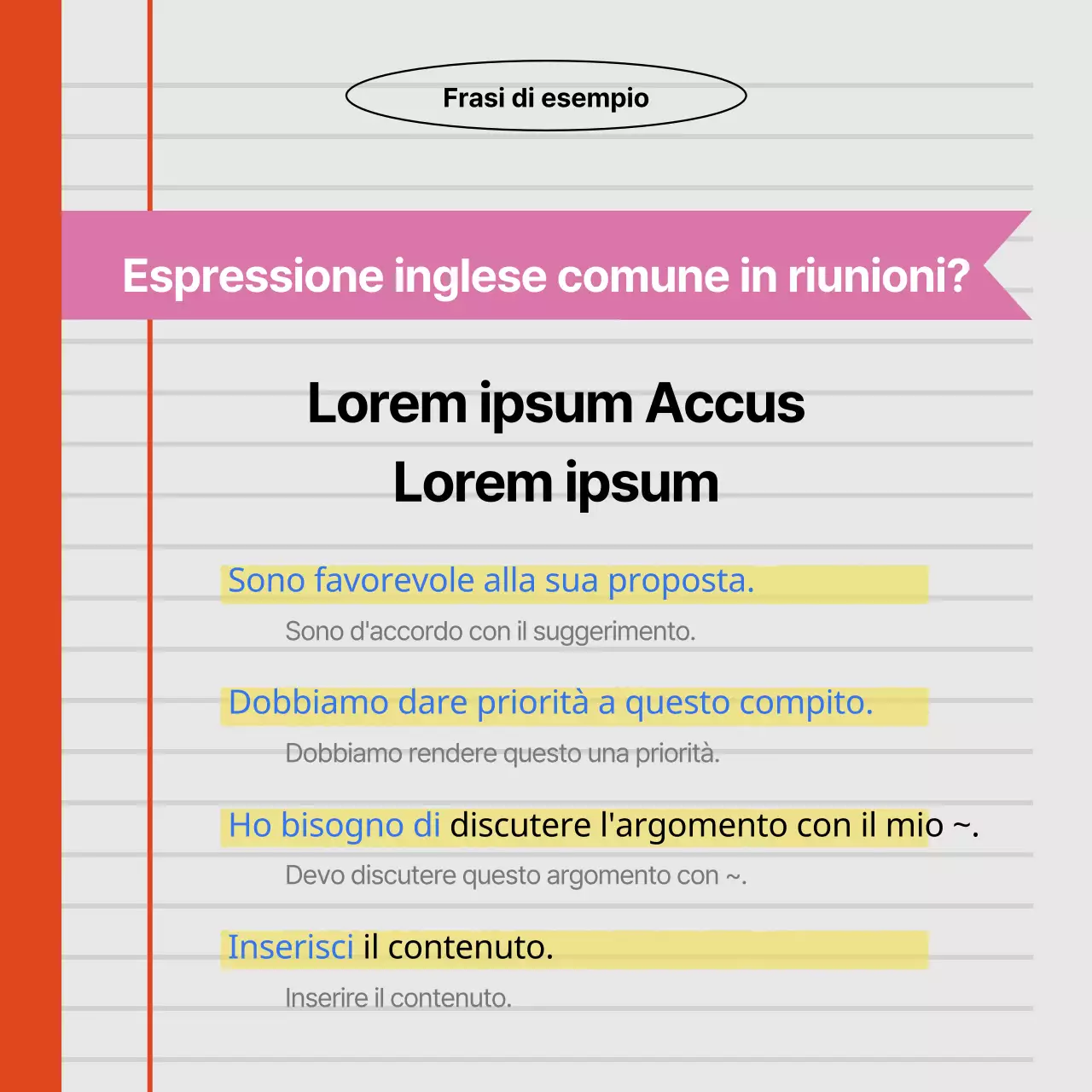 Una pubblicità arancione e blu per una scuola di conversazione rivolta a professionisti moderni.