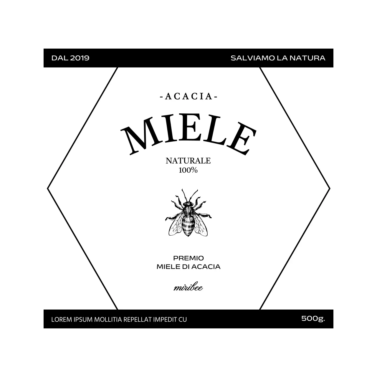 Etichetta di miele semplice e vintage con illustrazione di api in bianco e nero