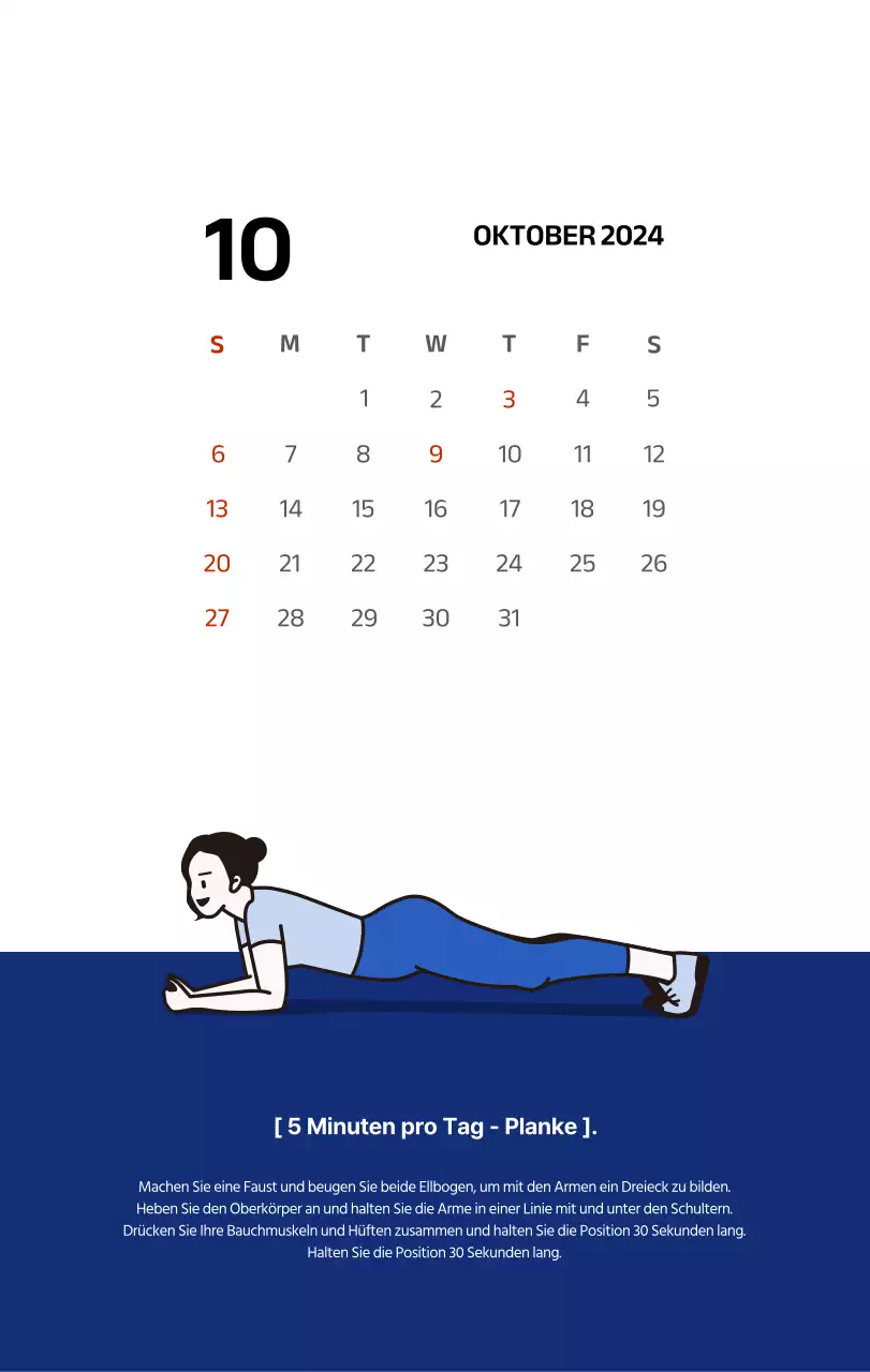 Einfacher Kalender mit klaren Illustrationen in Blau