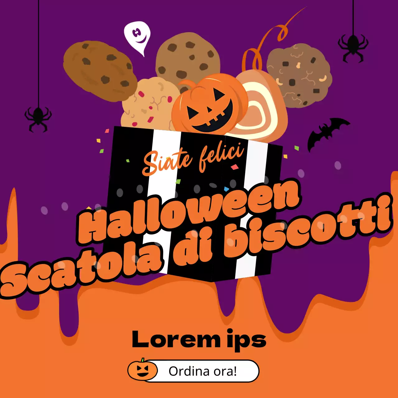 Scatola di biscotti evento ordine con illustrazione arancione bora