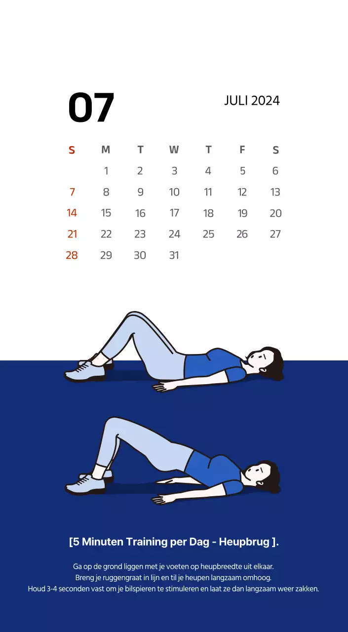 Eenvoudige kalender met strakke illustraties in blauw