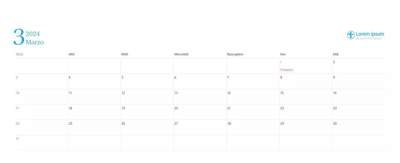 Calendario ecclesiastico blu di concezione moderna