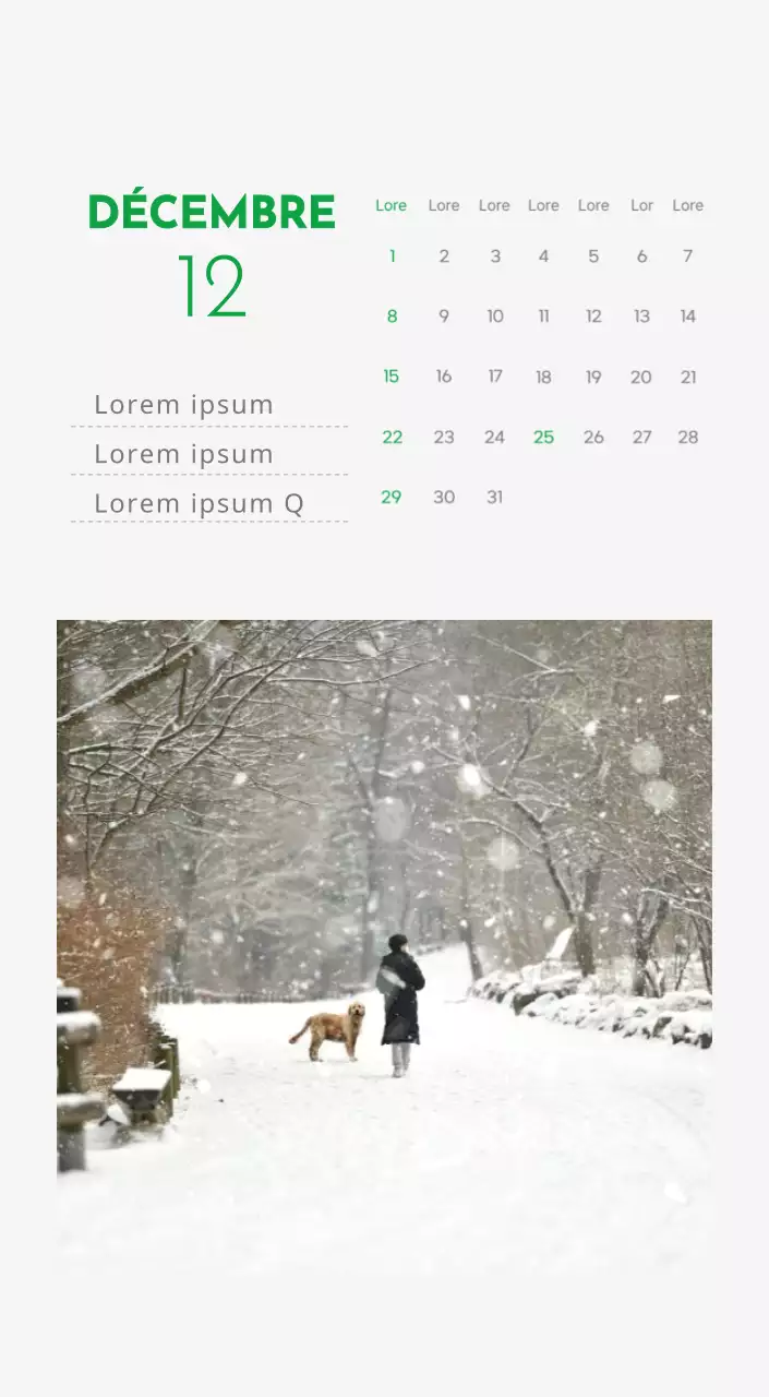 Un calendrier avec la photo d'un chiot et un message mignon aux accents verts.