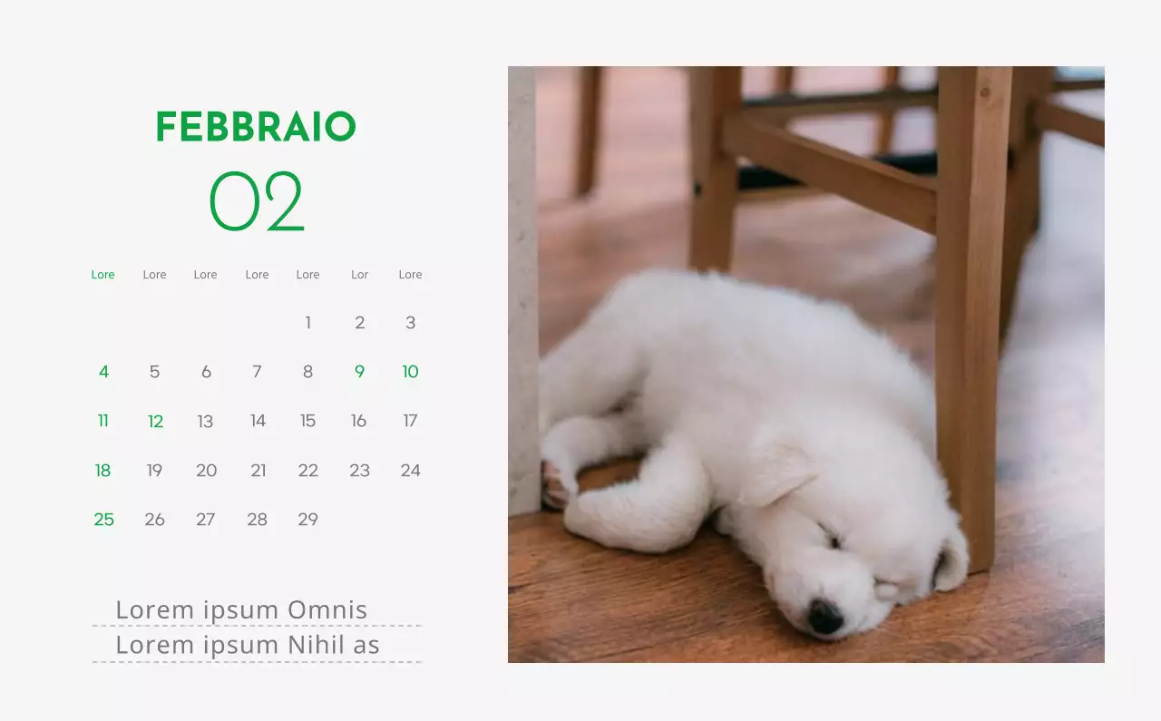 Un calendario con l'immagine di un cucciolo e un simpatico messaggio in verde.