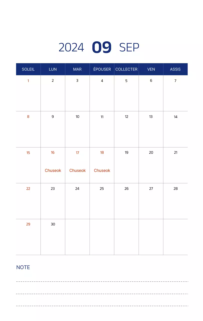 Calendrier simple avec des illustrations épurées en bleu