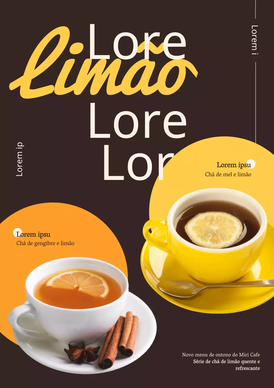 O menu do Café Lemon Tea apresenta uma disposição geométrica simples com cores outonais e um tipo de letra cursivo inglês sentimental.