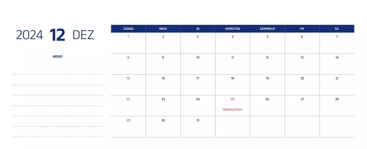 Einfacher Kalender mit klaren Illustrationen in Blau