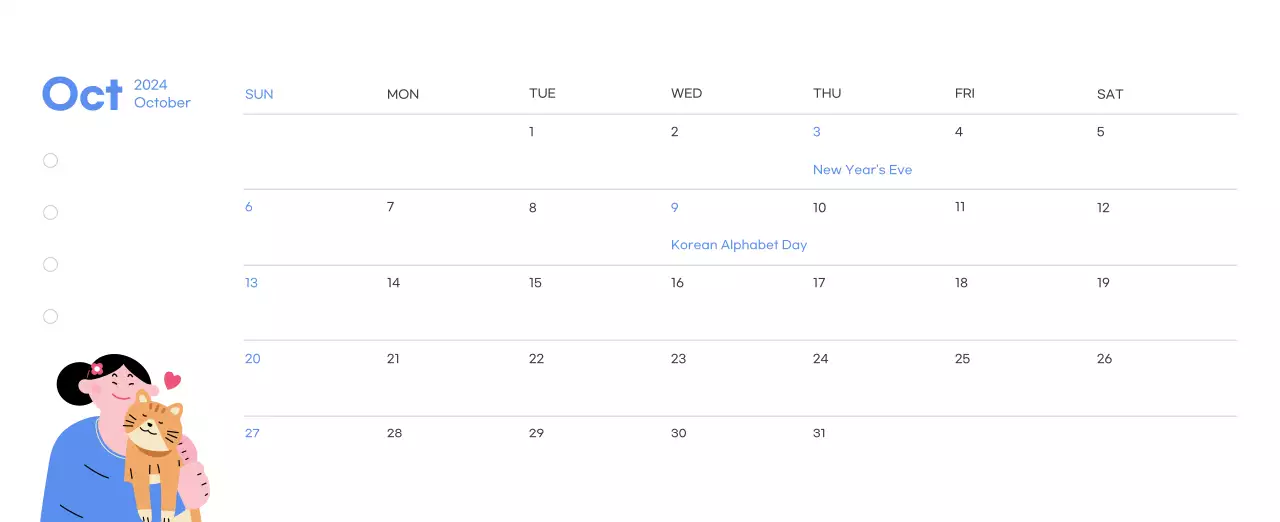 Motivational calendar with energetic illustrations and positive quotes on a light blue background