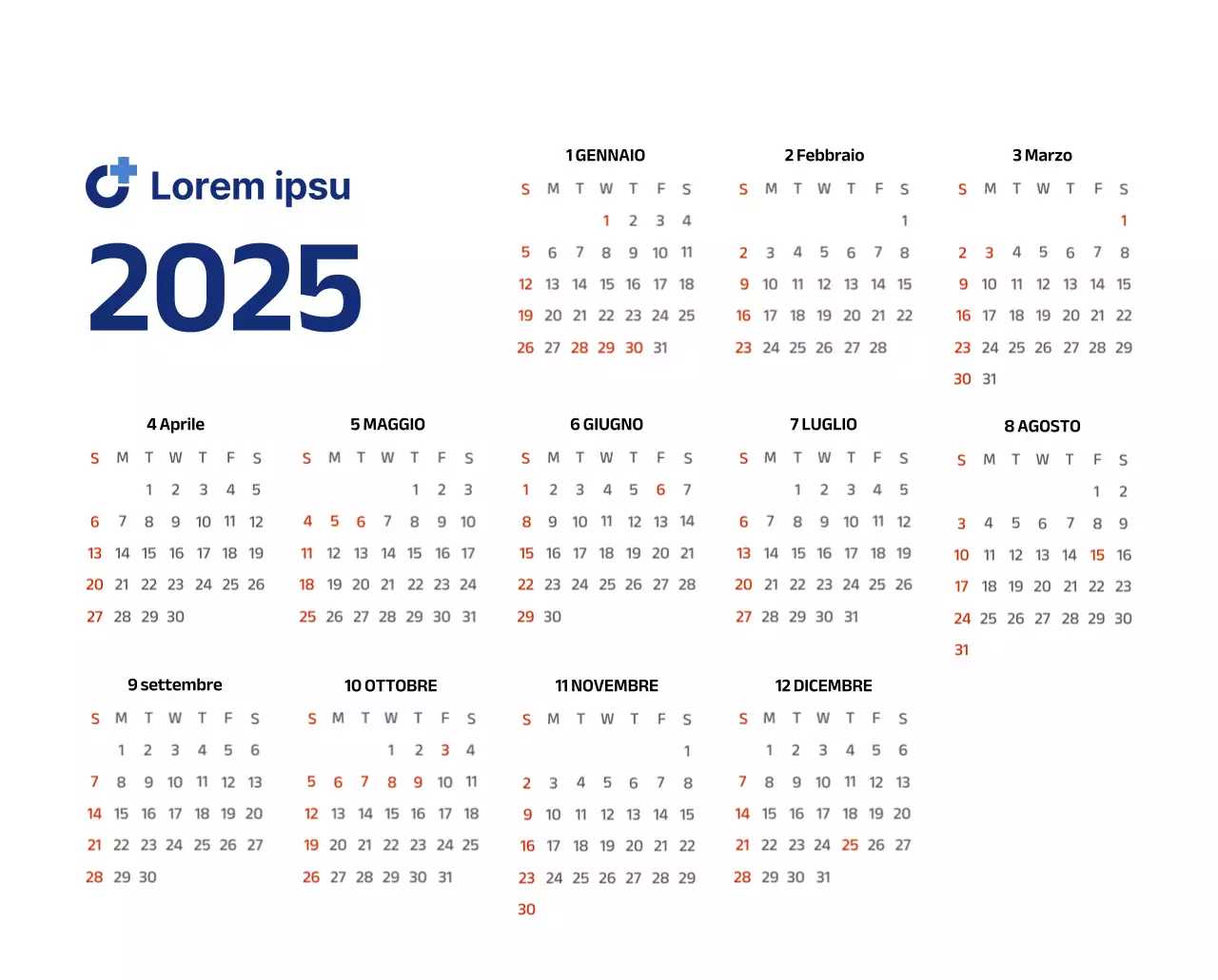 Calendario semplice con illustrazioni pulite in blu