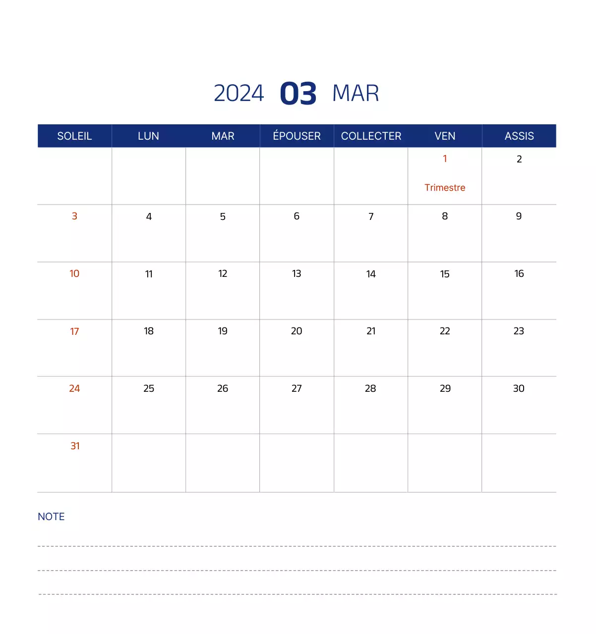 Calendrier simple avec des illustrations épurées en bleu