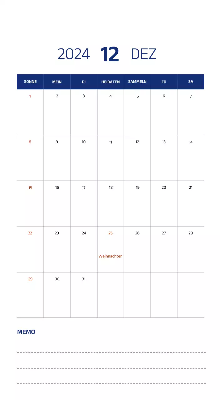 Einfacher Kalender mit klaren Illustrationen in Blau