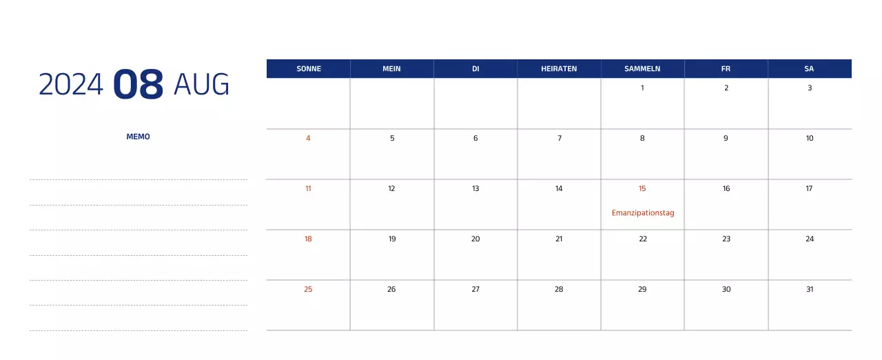 Einfacher Kalender mit klaren Illustrationen in Blau