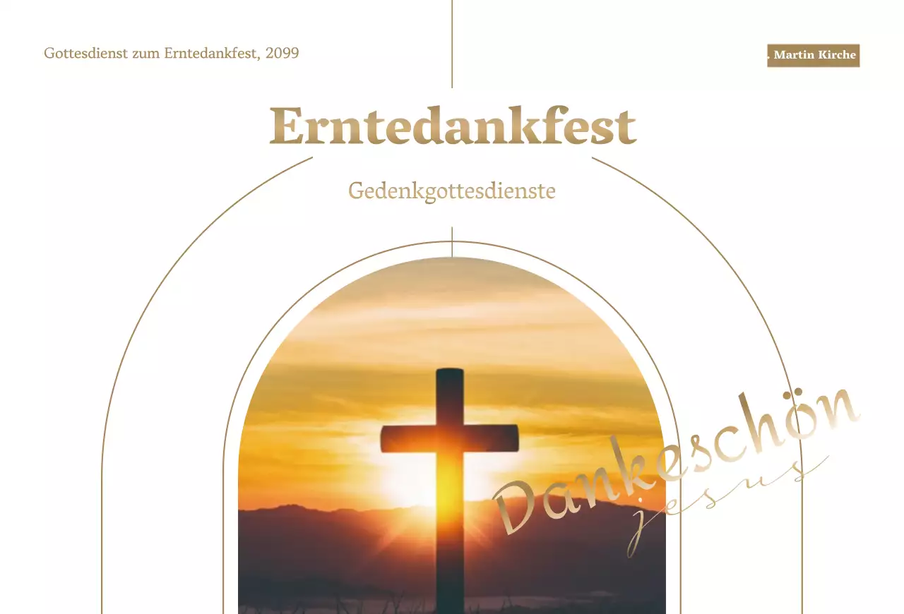 Stilvolle Einladung zum Erntedankgottesdienst mit braunem Text und Kreuzbild