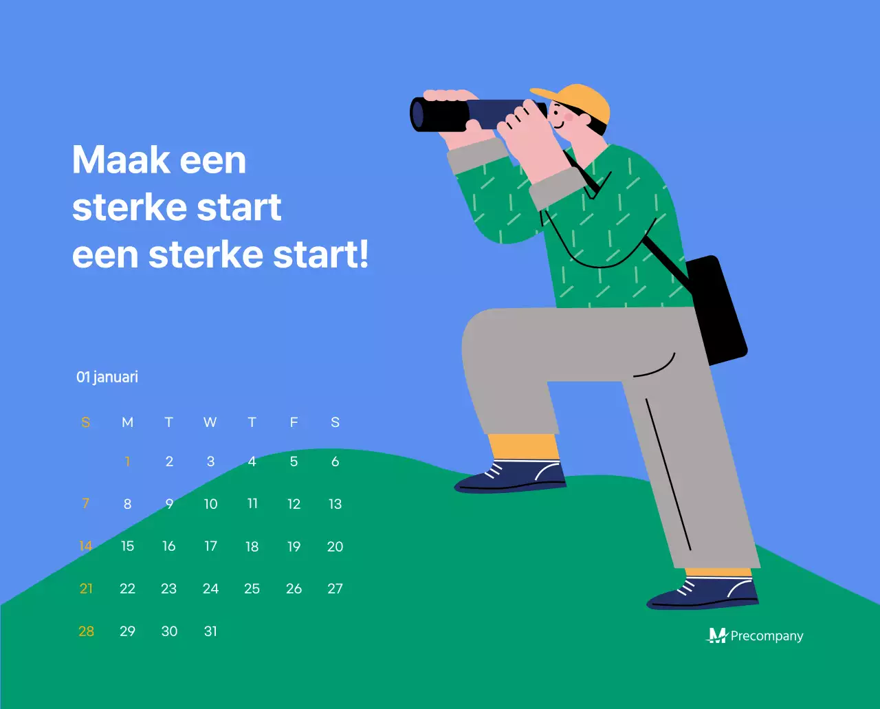 Motiverende kalender met energieke illustraties en positieve citaten op een lichtblauwe achtergrond