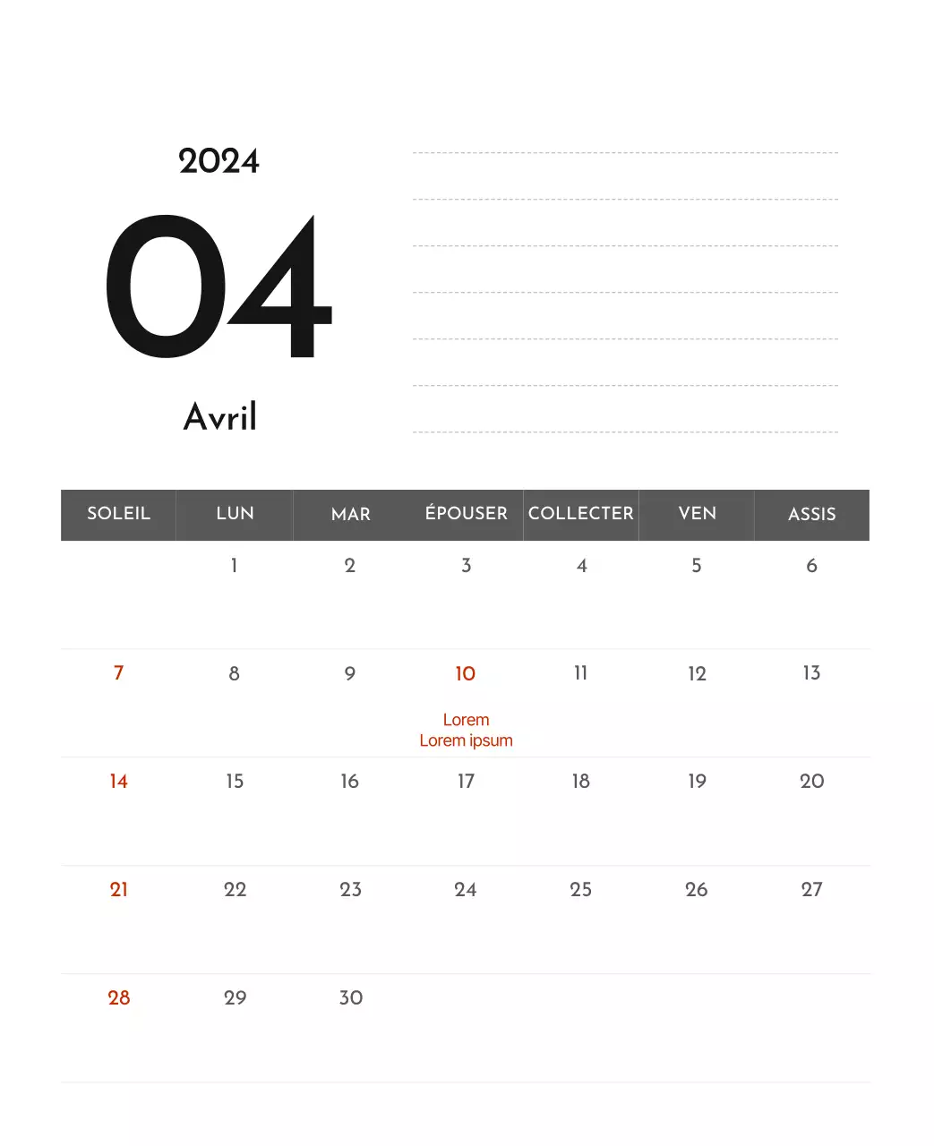 Un calendrier d'entreprise simple en gris