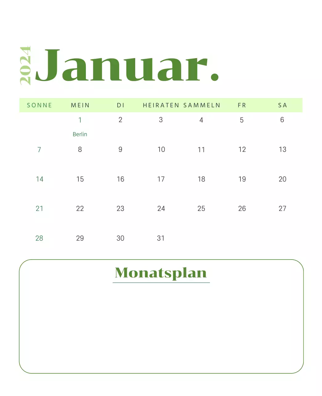 Kalender mit Jugendillustrationen auf gelbem und grünem Hintergrund