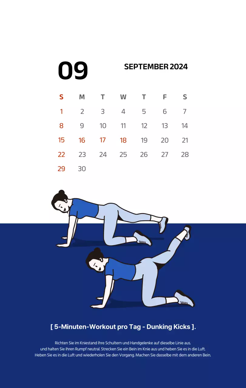 Einfacher Kalender mit klaren Illustrationen in Blau